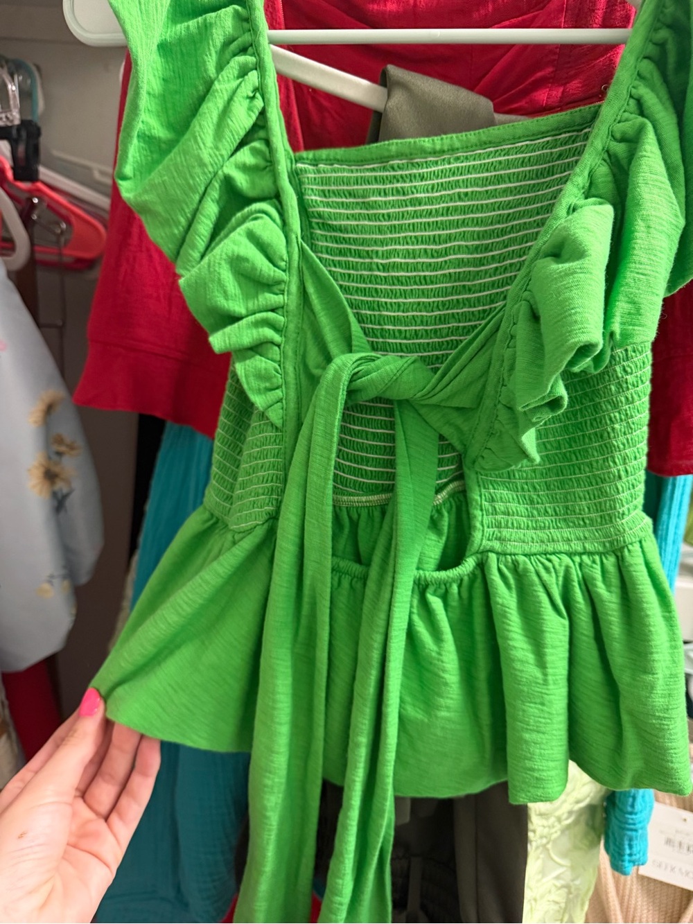 Smocked Ruffle-Strap Green Top - Picture 2 of 3